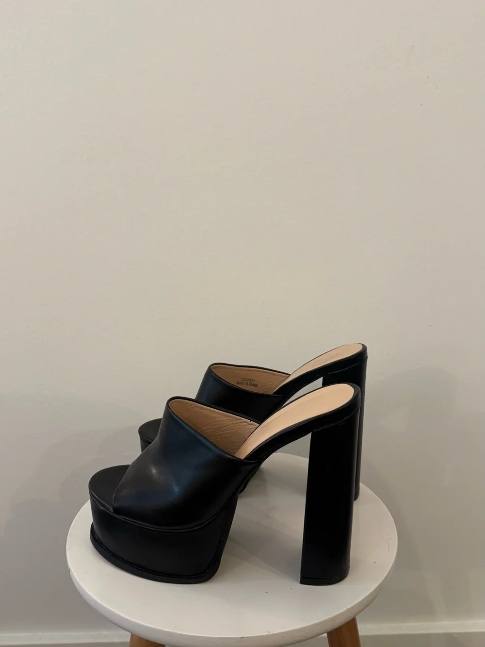 Black Leather Platform Mule Heels - Women